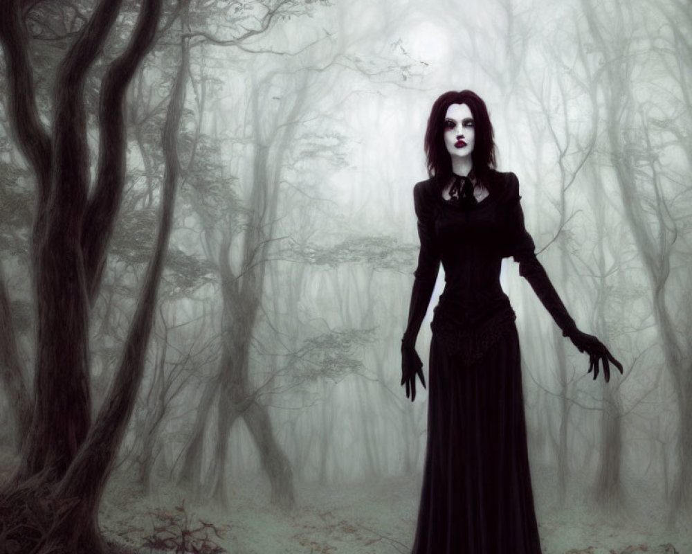 Pale woman in Victorian attire in misty forest with twisted trees