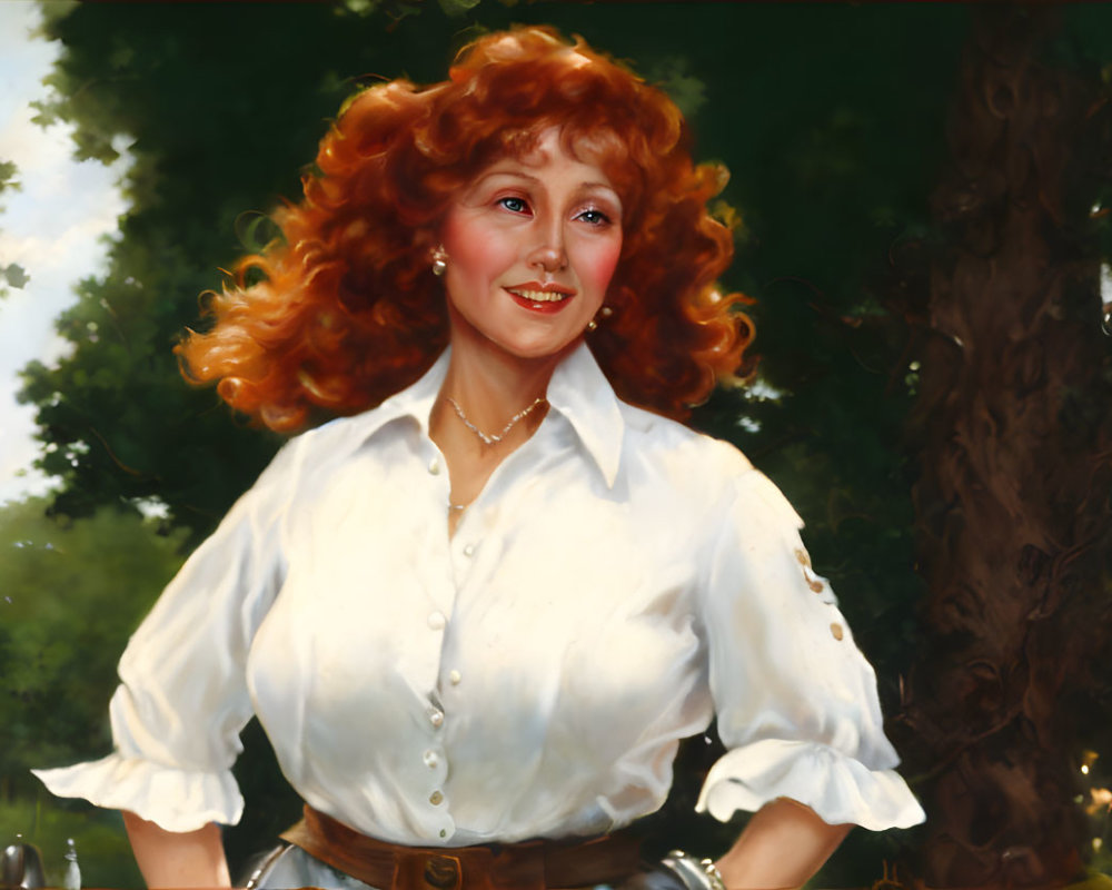 Smiling woman with red curly hair in white blouse by tree