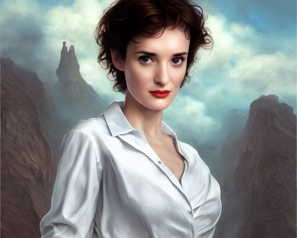 Digital portrait of woman with short, wavy hair in white shirt against mountainous landscape & cloudy skies