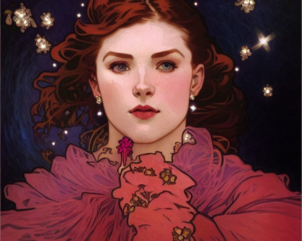 Woman with Red Hair in Pink Dress Amid Night Sky and Glowing Flowers