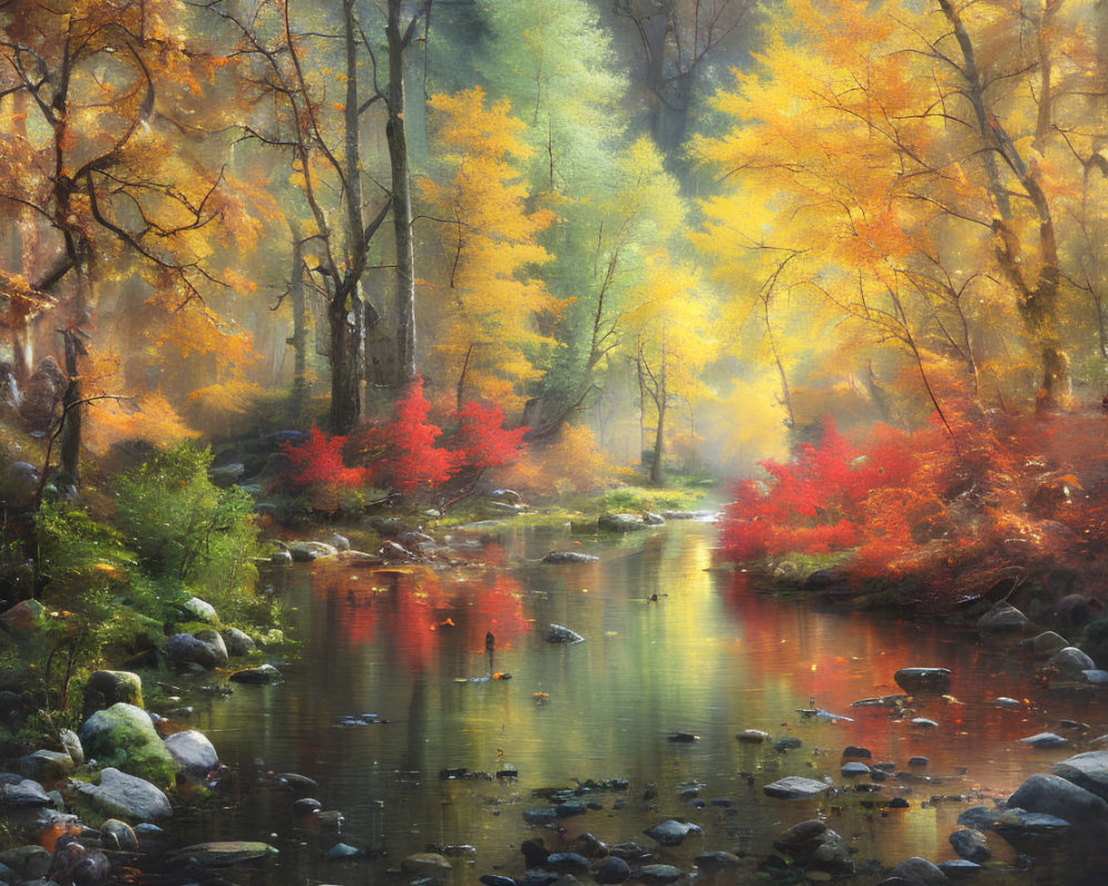 Tranquil autumn forest with vibrant foliage and stream reflections