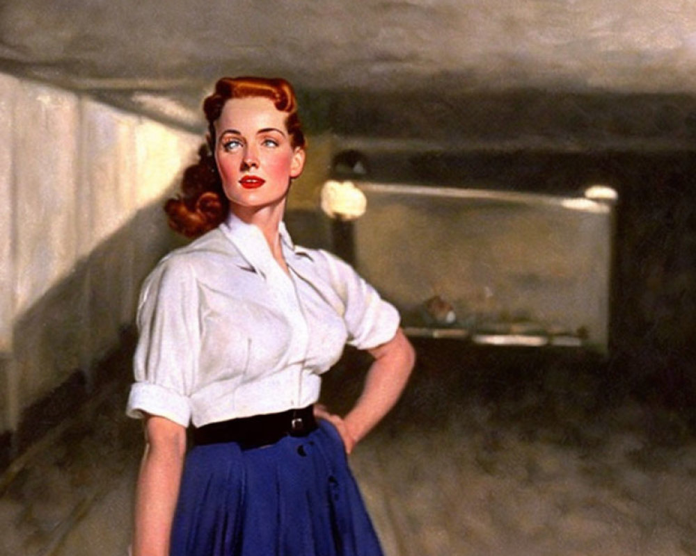 Vintage Illustration: Red-Haired Woman in White Blouse and Blue Skirt in Dimly Lit