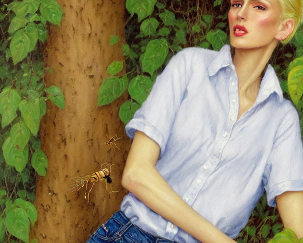 Blond woman in blue shirt and jeans near ivy-covered tree with wasp