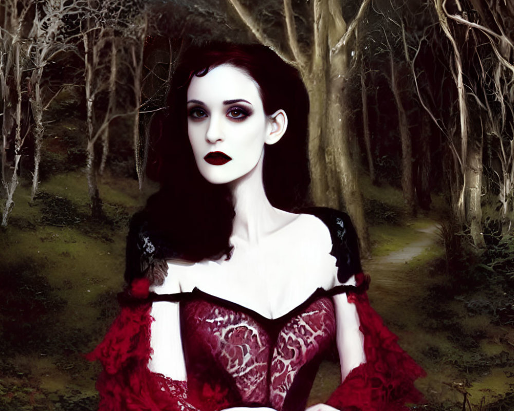 Pale woman with gothic makeup in red and black corset in dark forest