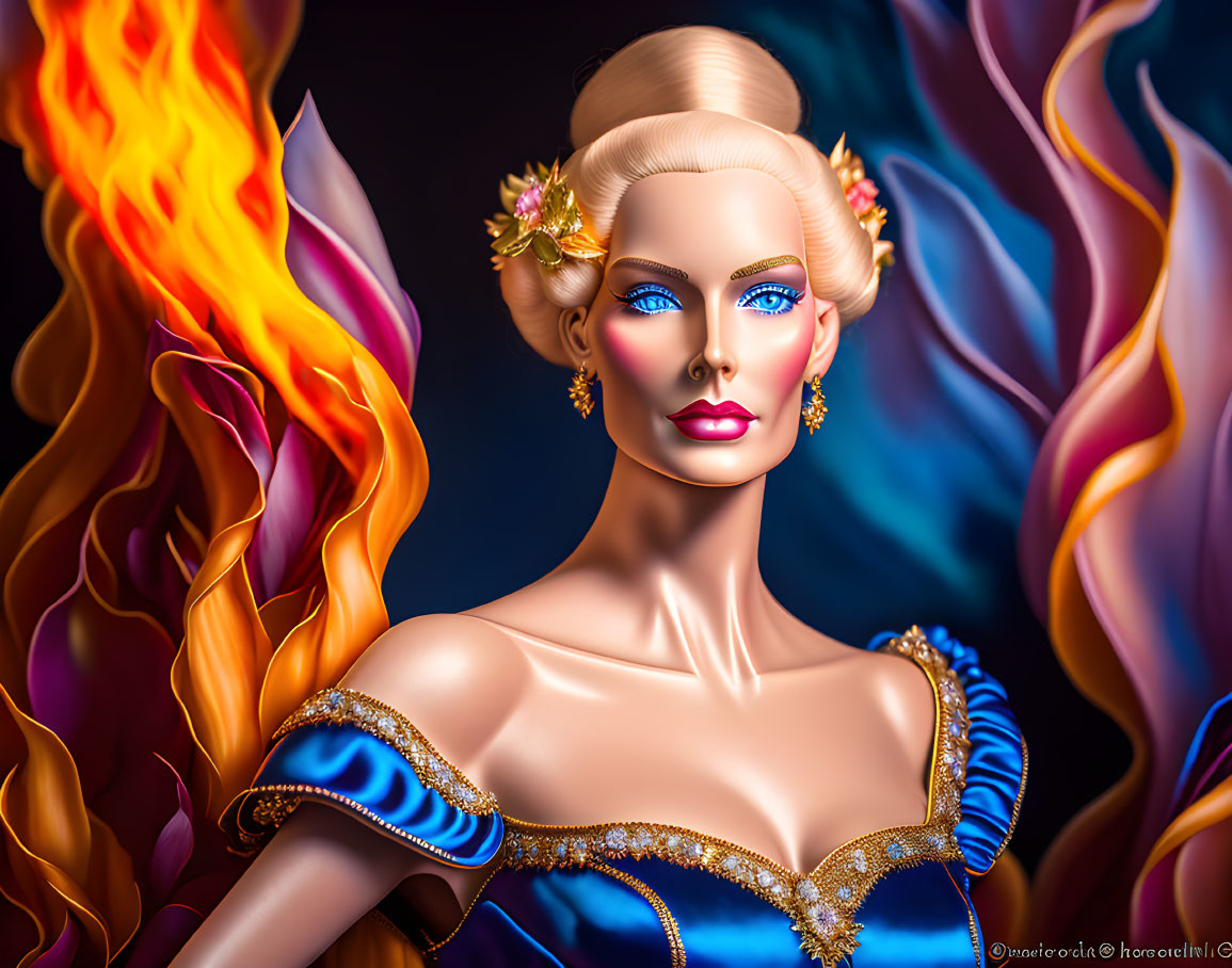 Illustration of woman with golden hair and blue dress in fiery backdrop