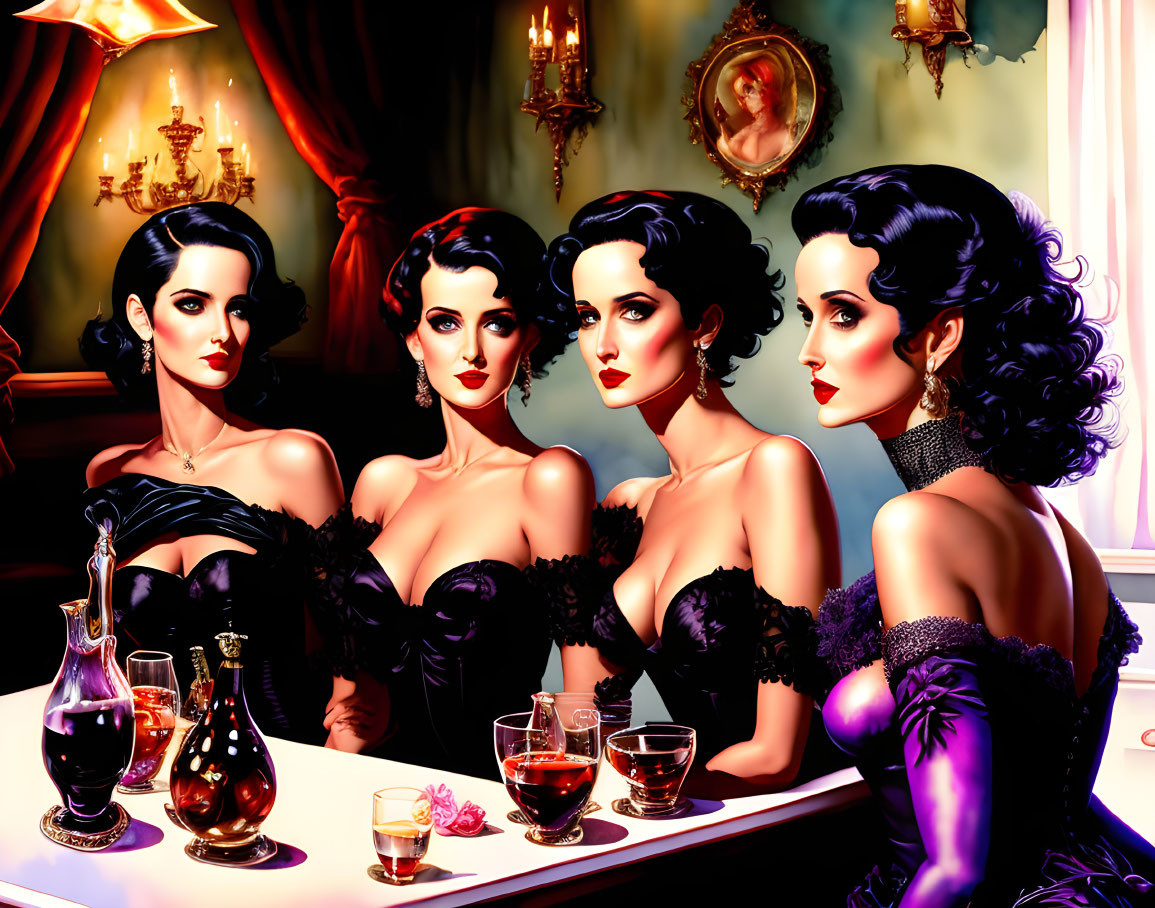 Four glamorous women in elegant dresses at a vintage bar.