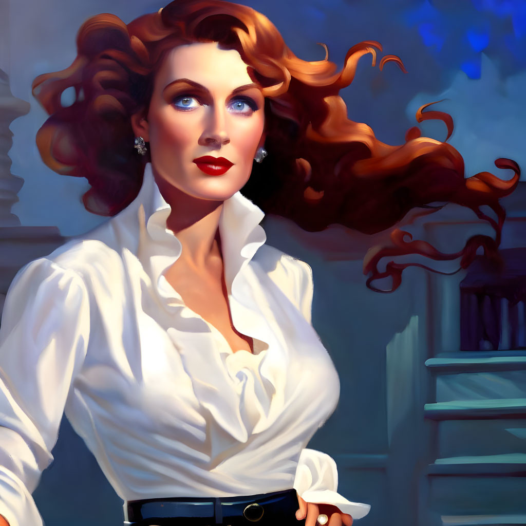 Stylized portrait of a woman with red hair and blue eyes