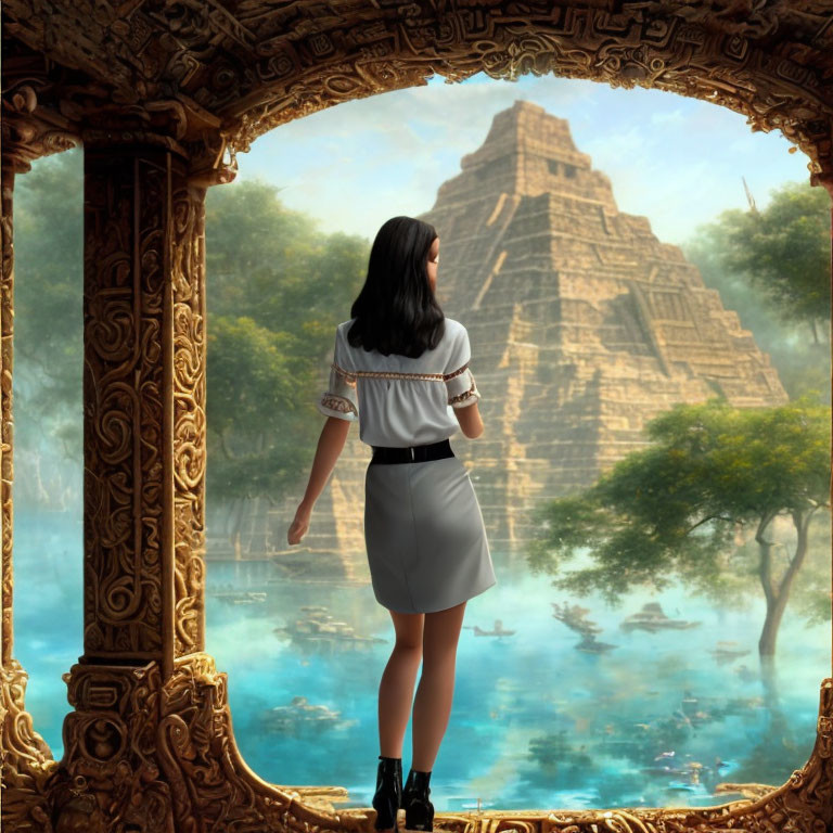 Woman in stone archway gazes at Mayan pyramid by tranquil water.