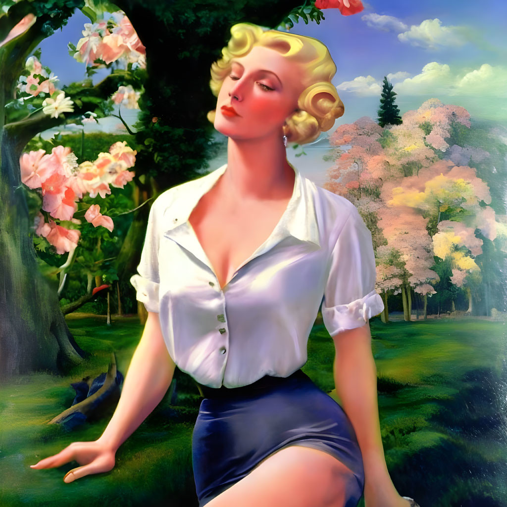 Vintage-style painting of woman with blonde curls in garden pose