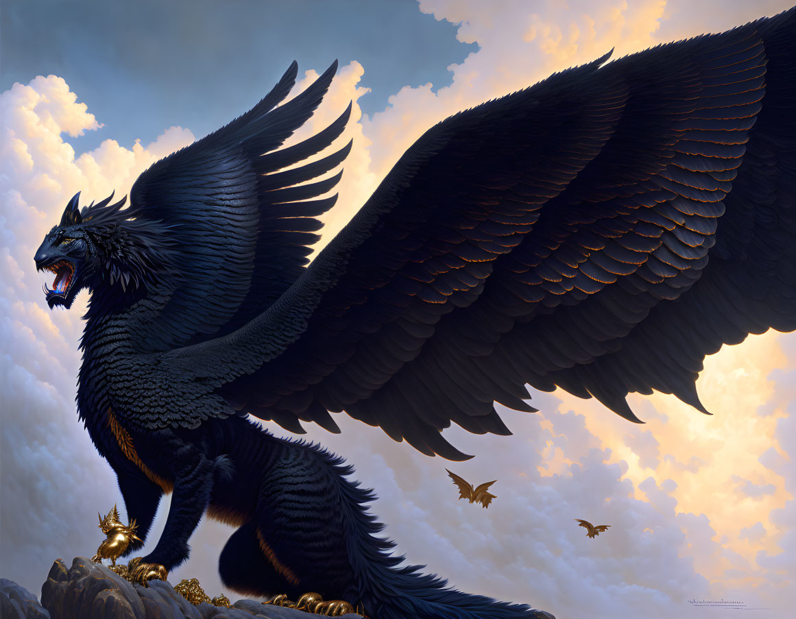 Black Griffin with Outstretched Wings on Rocky Peak Against Golden Clouds and Blue Sky