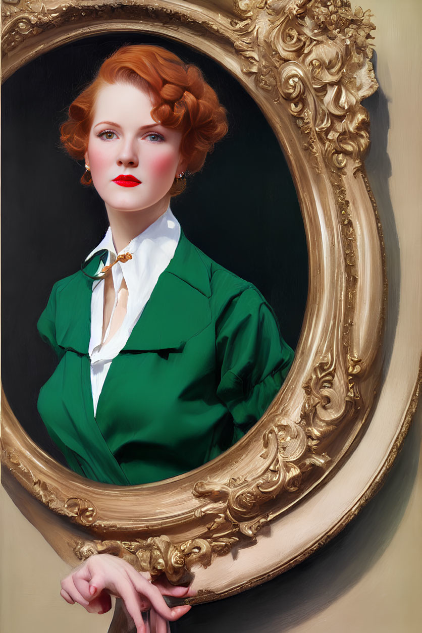 Red-haired woman in vintage waves with red lipstick and green blazer in ornate golden frame