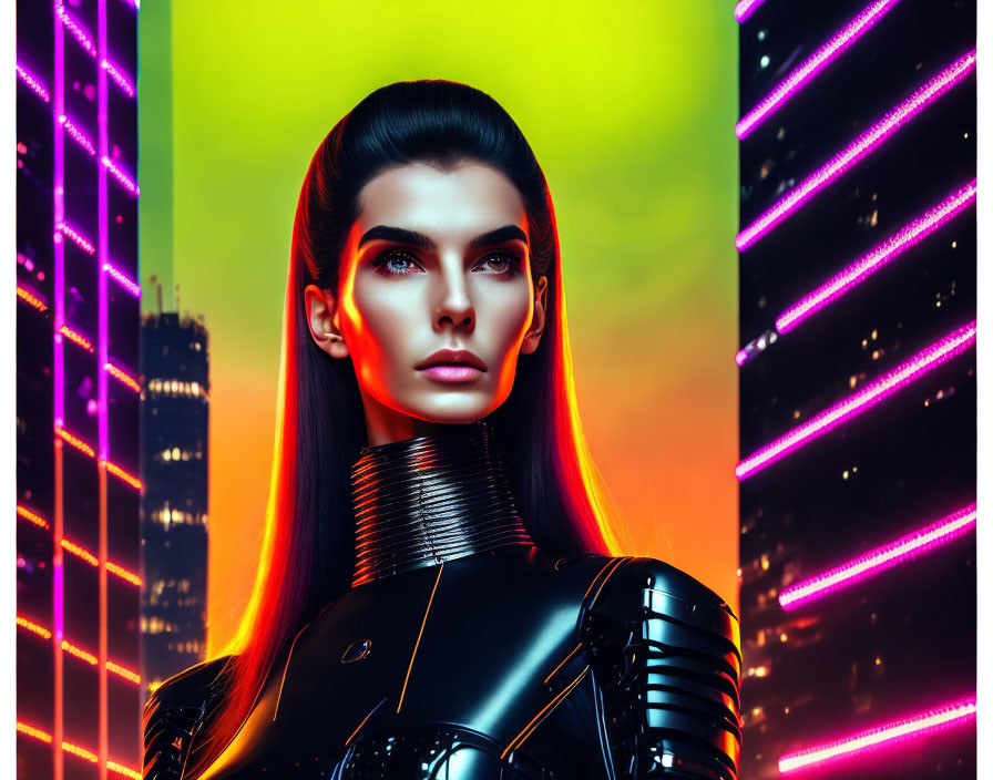 Futuristic woman with sleek hair and striking makeup in black bodysuit against neon cityscape