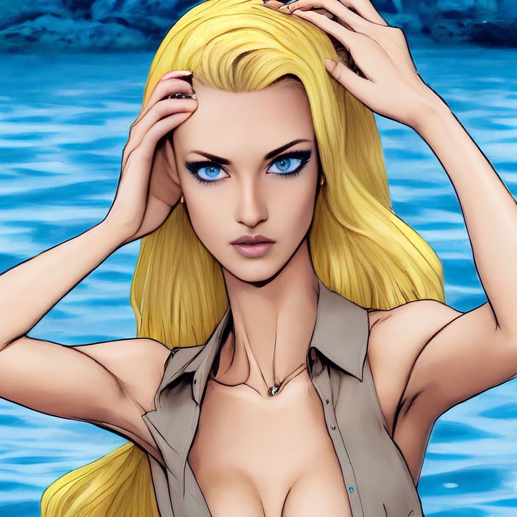 Blonde Woman with Blue Eyes in Khaki Shirt by Water