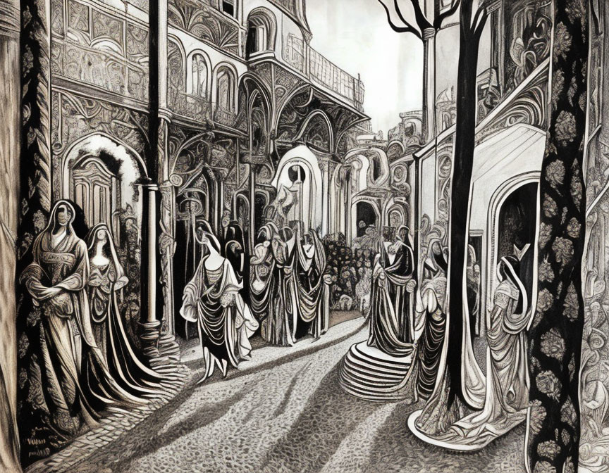 Detailed black and white medieval courtyard illustration with elegantly dressed figures.