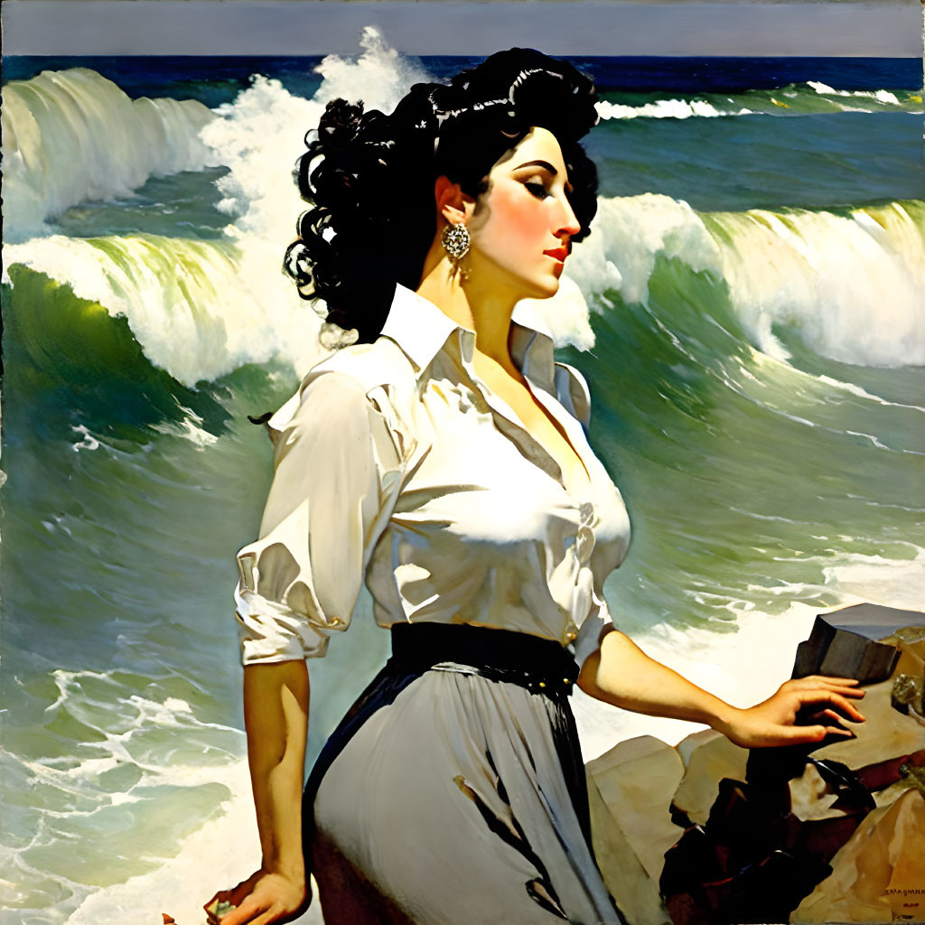 Classic-style painting of woman in white blouse and black skirt on rocky shore with crashing waves