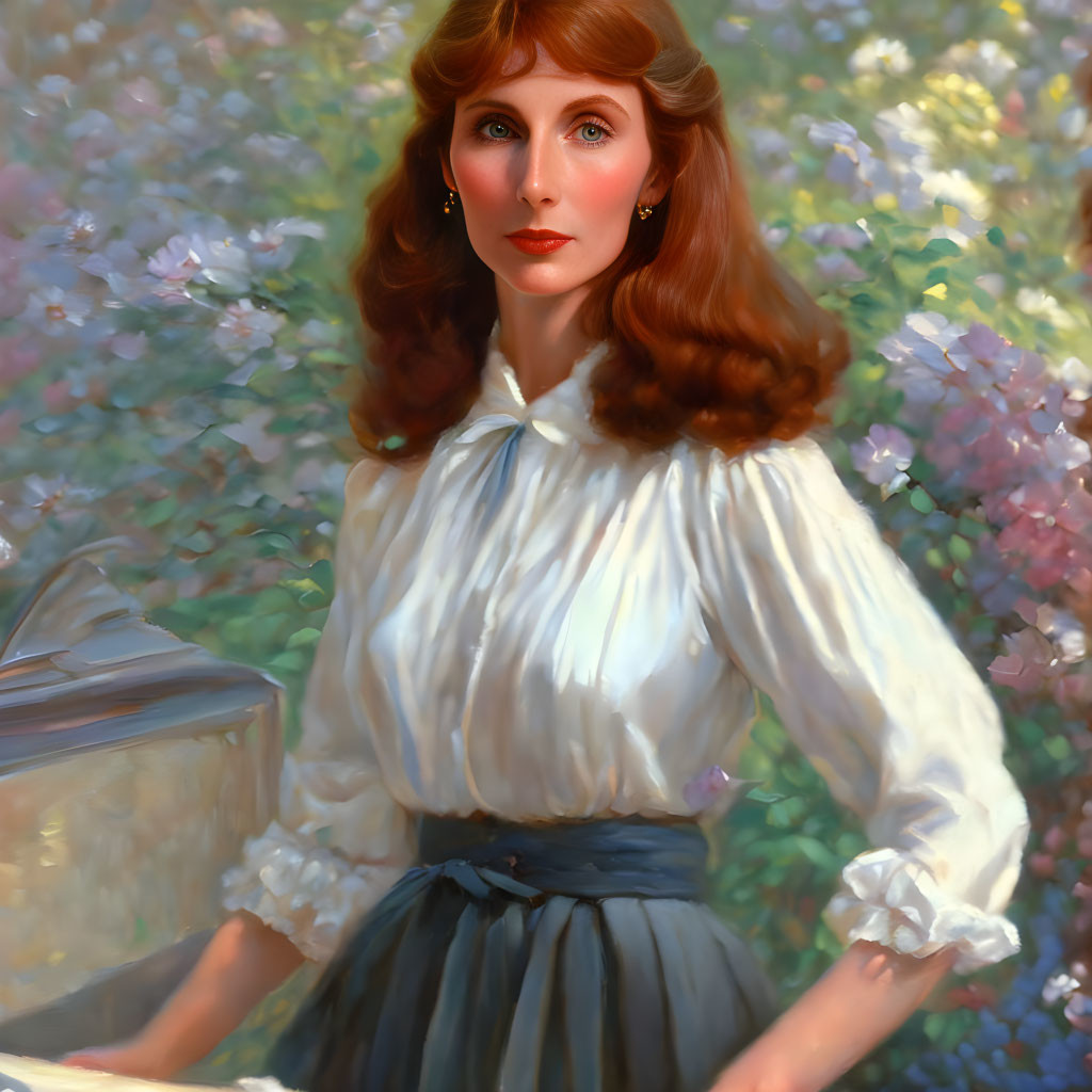 Portrait of woman with red hair in white blouse and blue skirt among colorful flowers