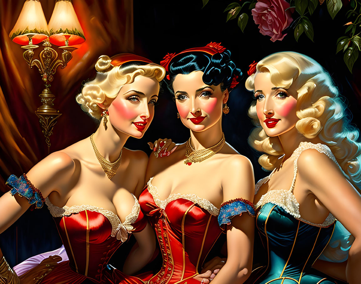 Vintage-style women in red and blue corset dresses on dark backdrop