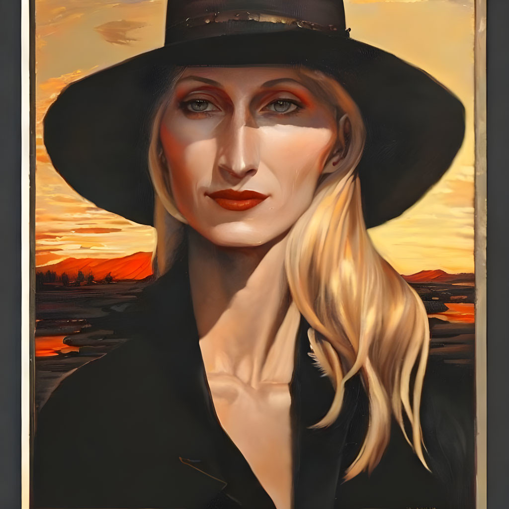 Portrait of person with black hat, fair skin, blonde hair against sunset backdrop