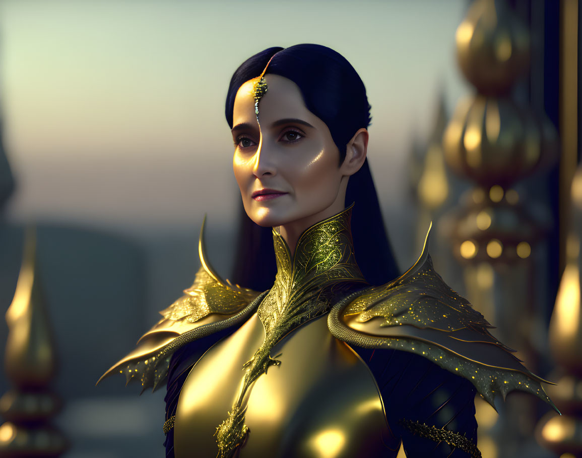 Dark-haired woman in ornate golden armor radiates regal aura in soft-lit setting