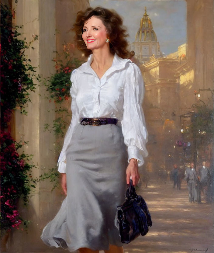 Smiling woman in white blouse and grey skirt with purse on classical street scene.