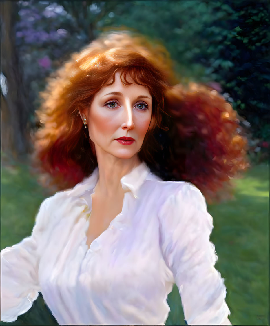 Portrait of woman with voluminous red hair in white blouse against green and purple garden.