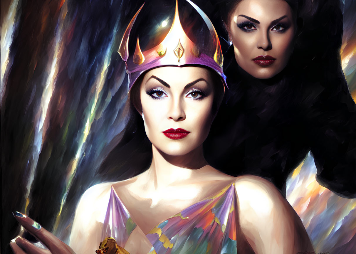 Illustration of two women: one in crown, regal attire; other with dark hair, mysterious