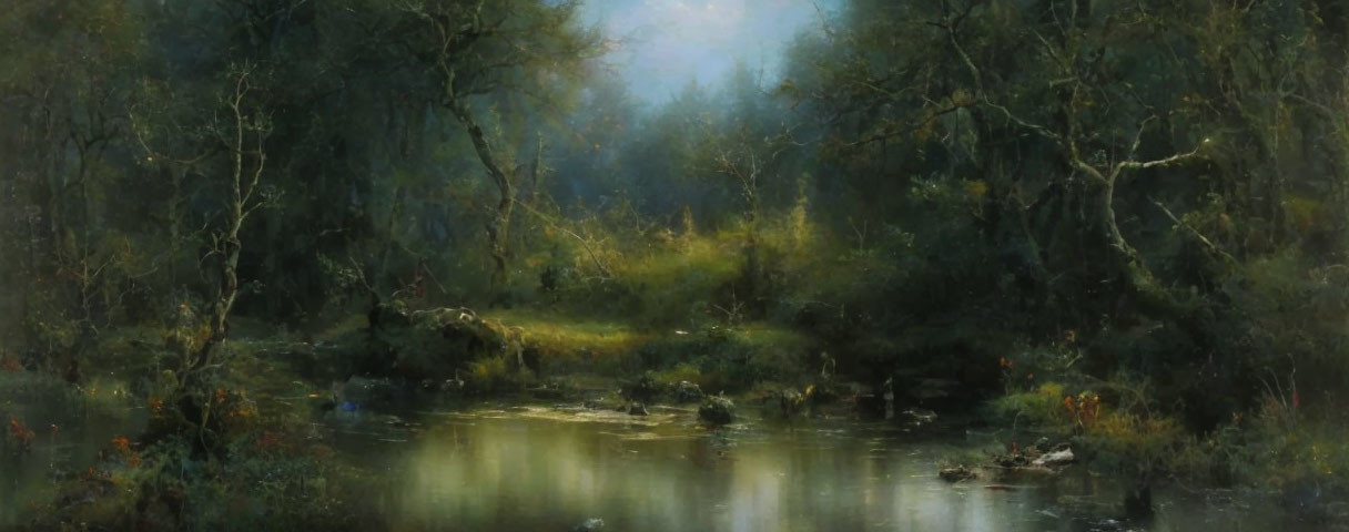 Tranquil forest scene with lush trees and serene river