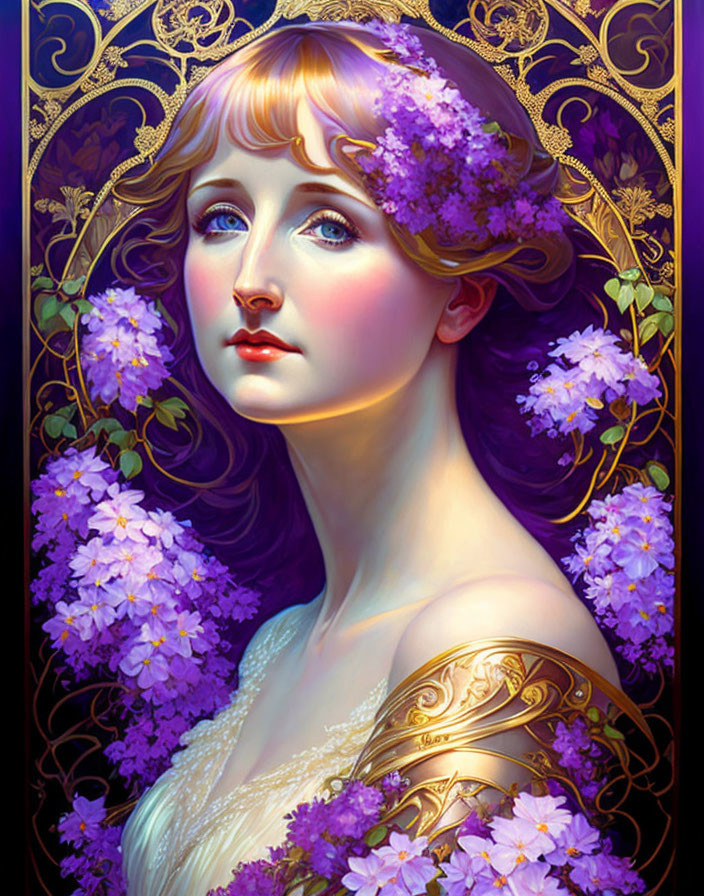 Art Nouveau Woman Portrait with Purple Flowers and Golden Ornamentation