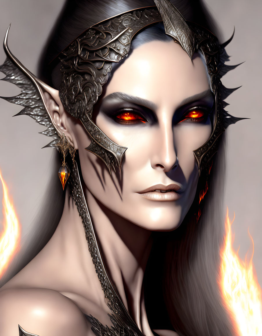 Female figure with red eyes and metallic headpiece in fiery backdrop