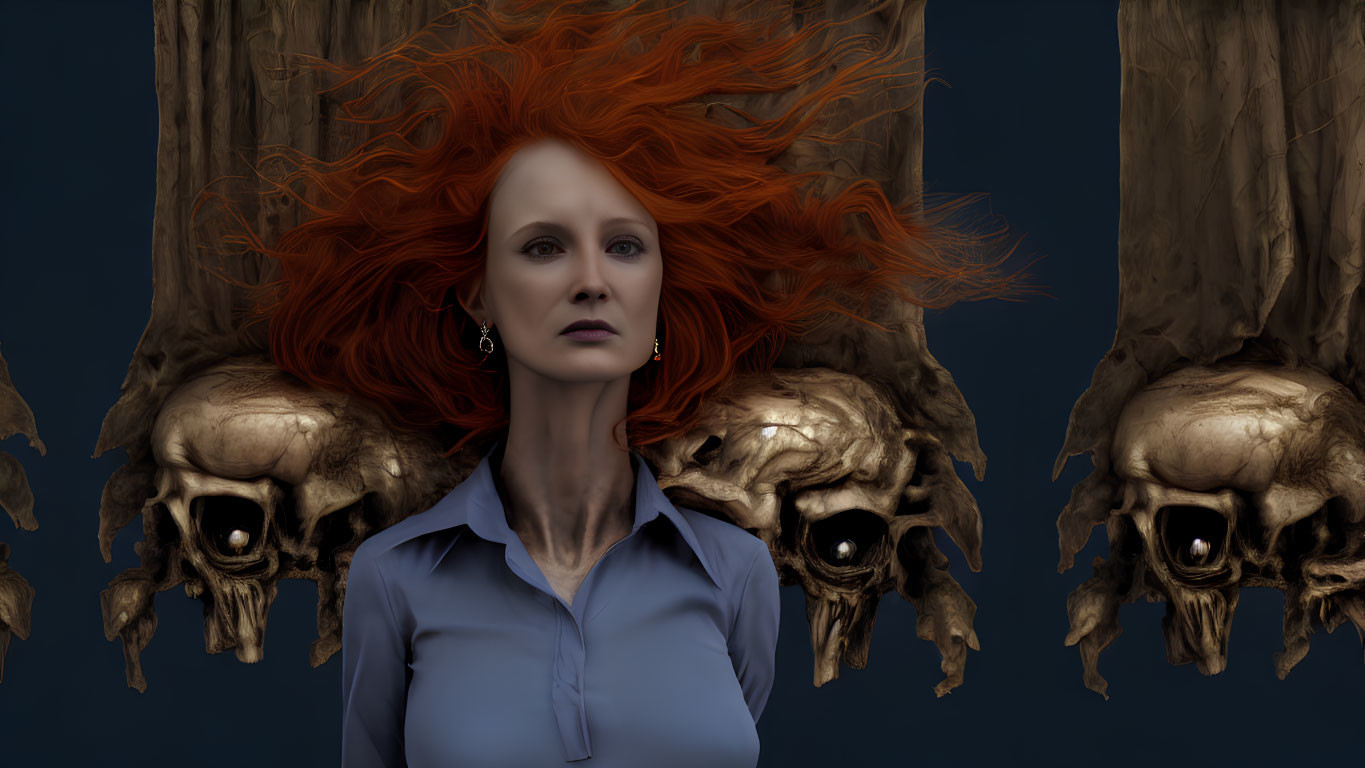 Woman with Striking Red Hair Surrounded by Skull-Embedded Tree Trunks