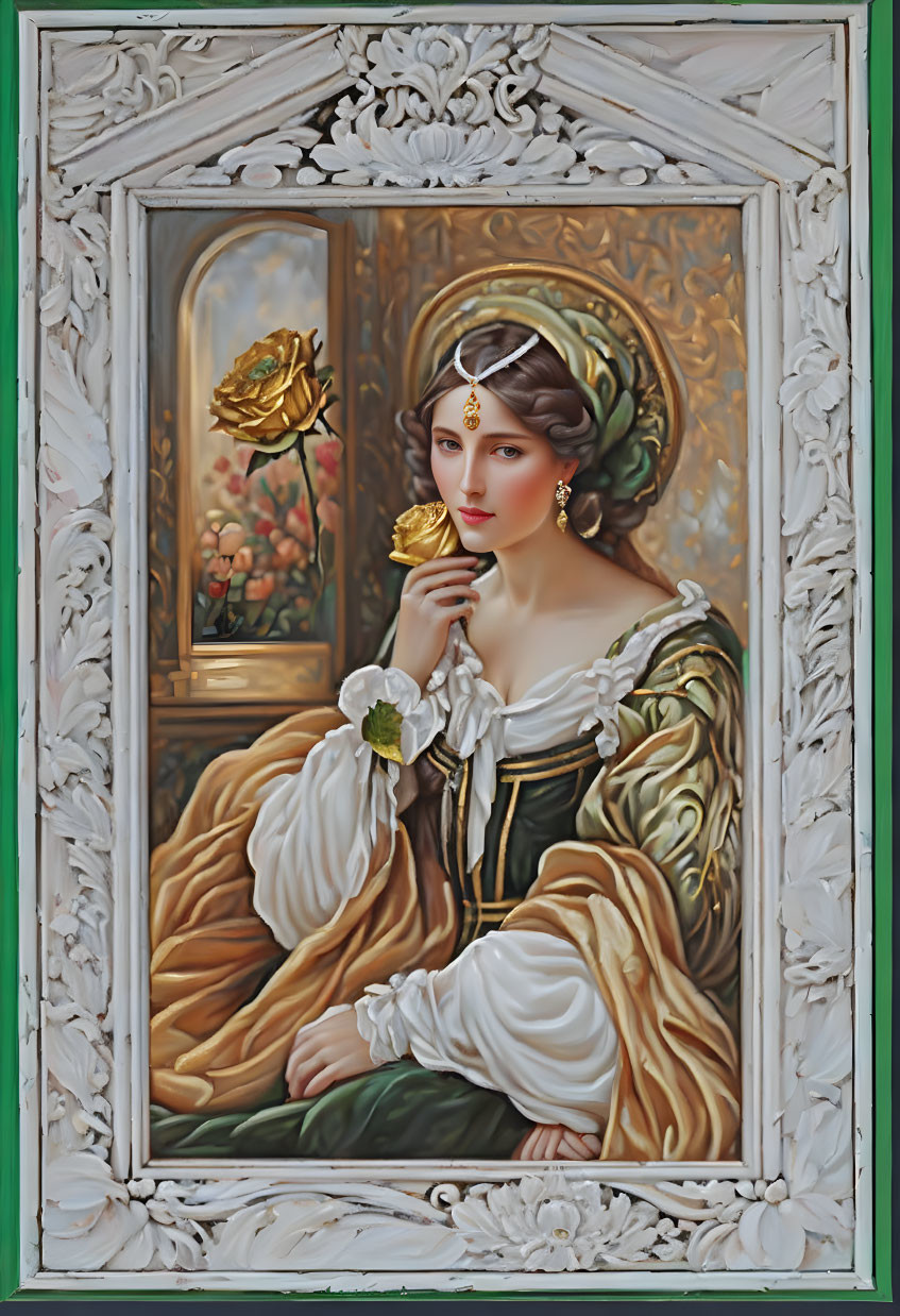 Portrait of Woman in Historical Clothing with Rose and Intricate Headpiece