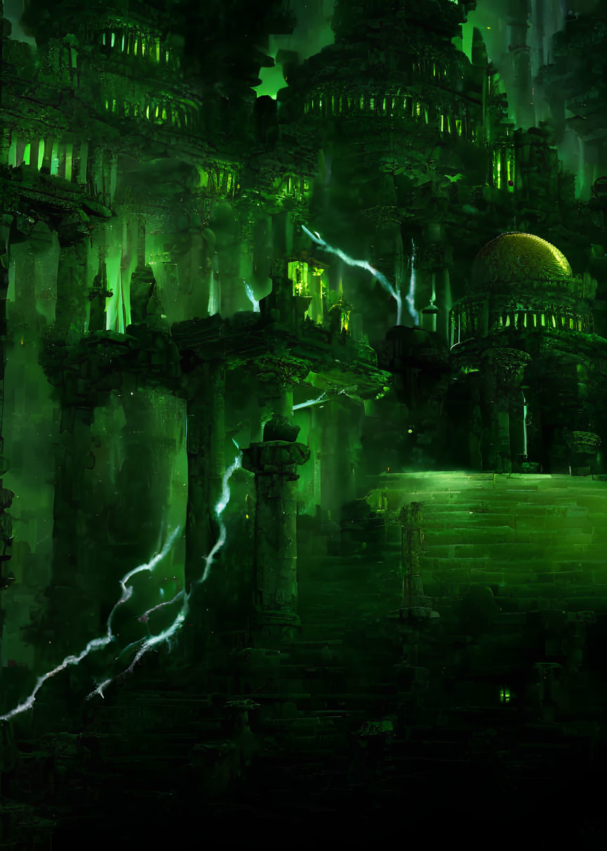 Mystical green ruins struck by lightning in ancient setting