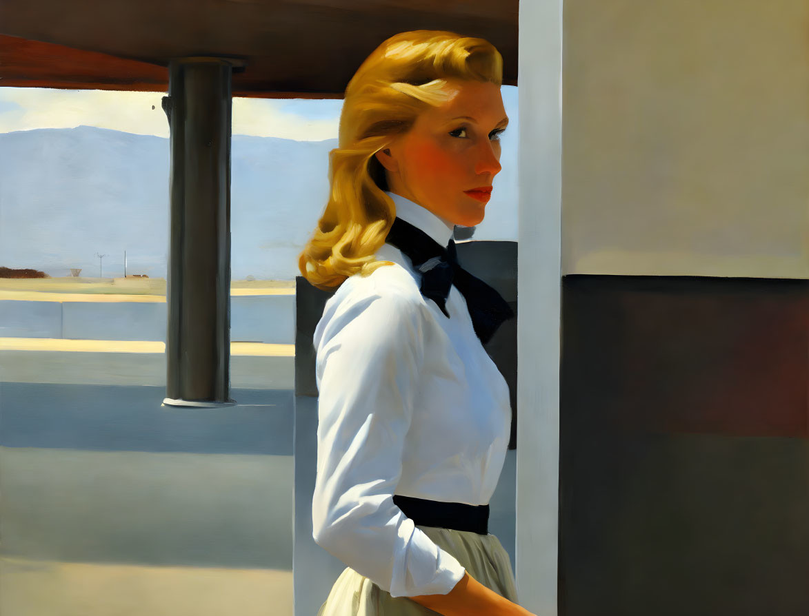 Blond Woman in White Blouse and Black Tie Near Column with Landscape Background