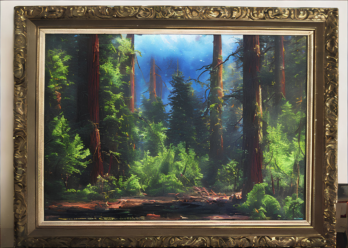 Sunlit redwood forest painting in ornate frame