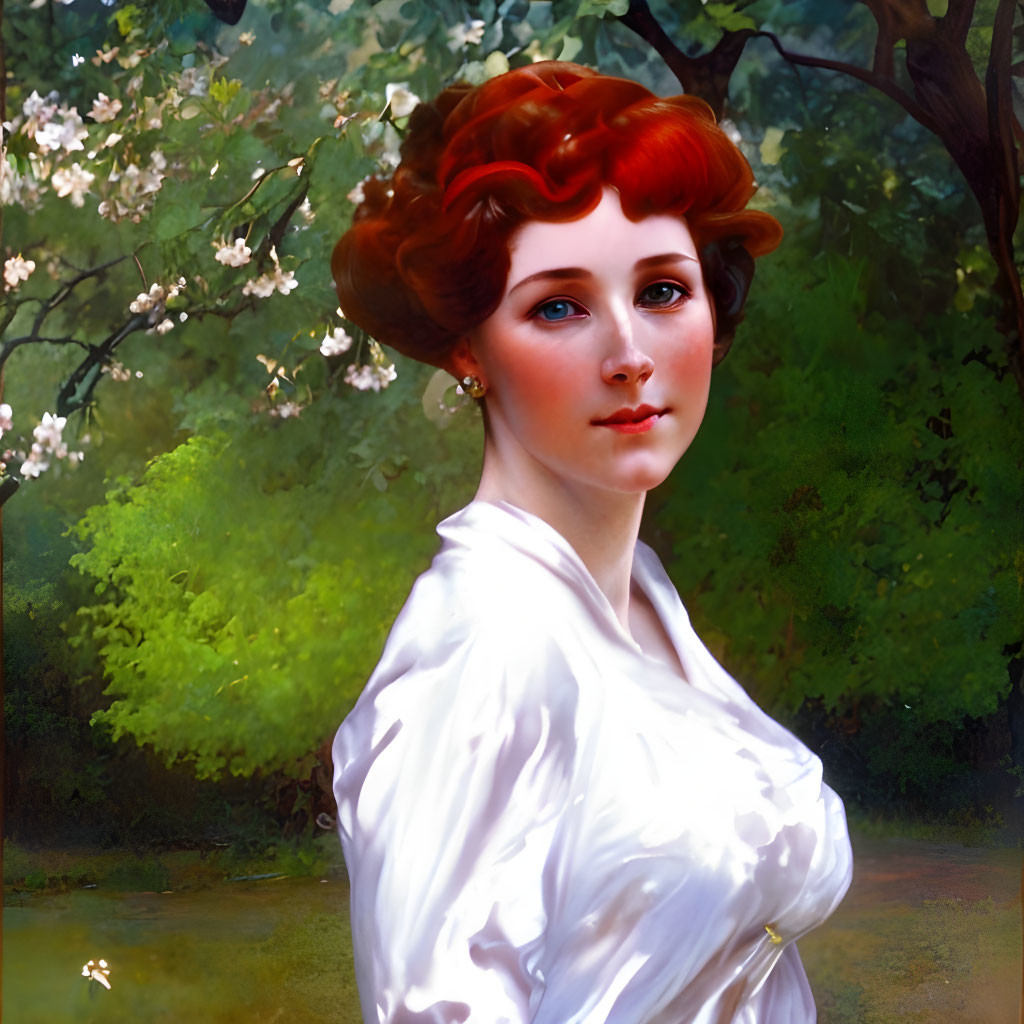 Red-Haired Woman in White Blouse Surrounded by Greenery and Blossoms