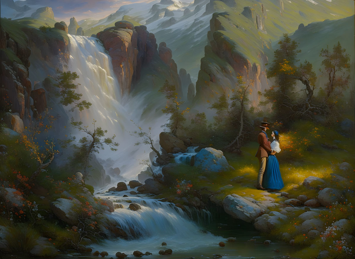 Historical couple by serene waterfall in lush greenery