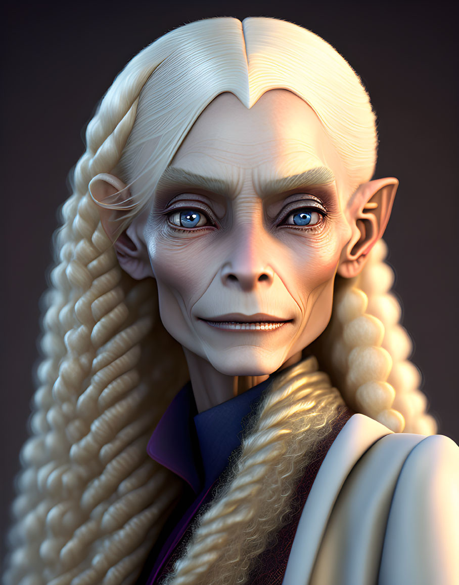 Fantasy character portrait with pale skin, pointed ears, blonde hair, blue eyes, blue and white