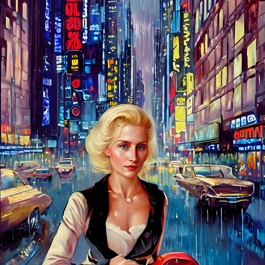 Blonde woman in vest and blouse in front of neon-lit city street