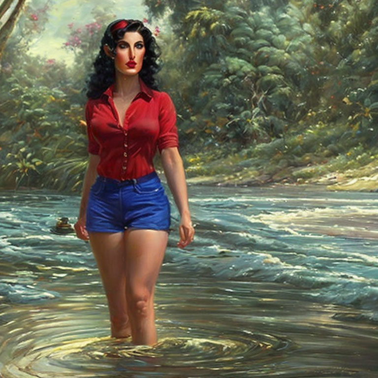 Dark-haired woman in floral hairpiece stands in stream, wearing red blouse and blue shorts in lush forest