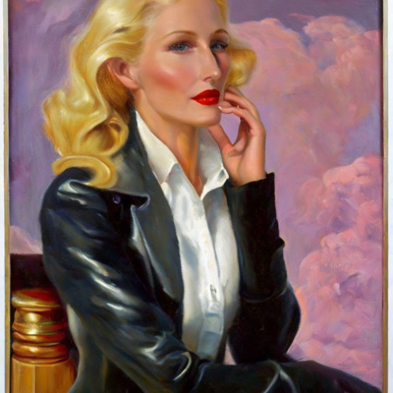 Blonde woman in leather jacket with red lipstick