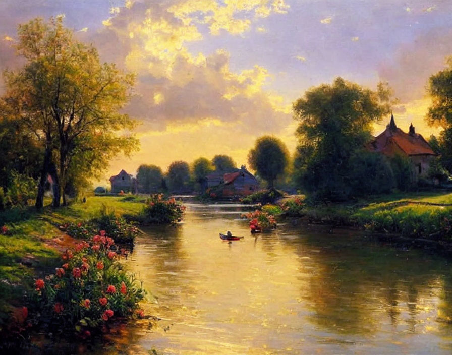 Tranquil rural sunset scene with river, flowers, boat, and houses