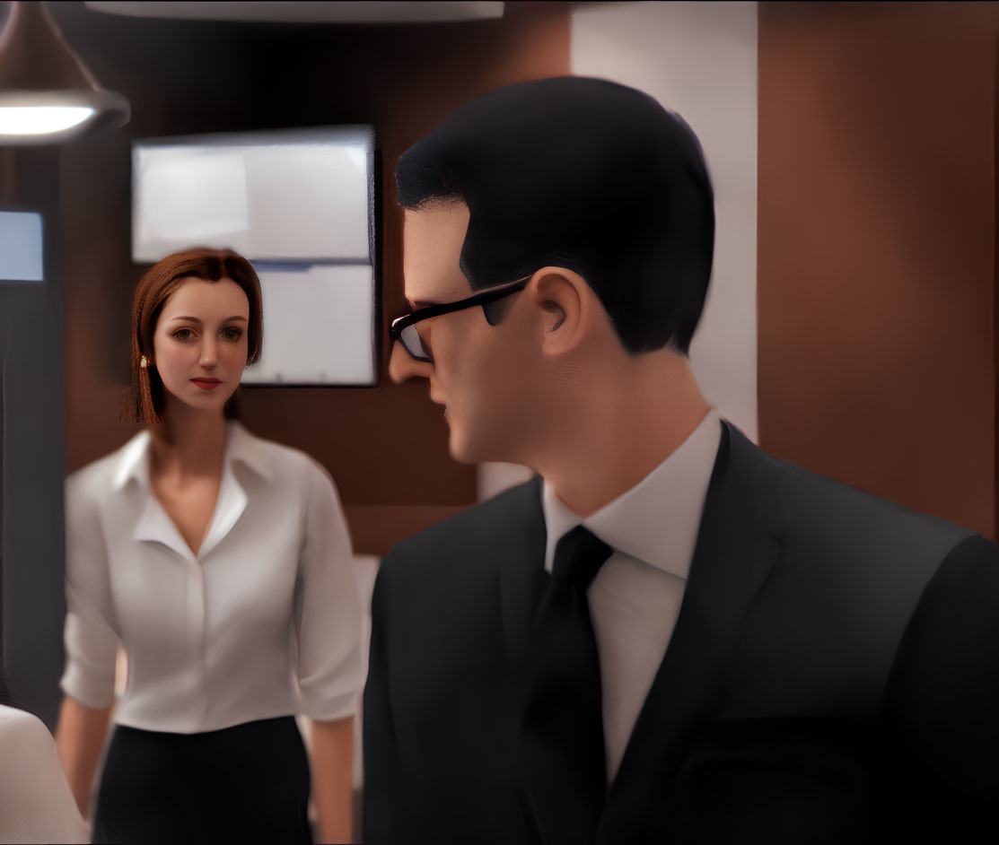 Digital illustration: Man in suit and glasses with woman in white blouse in background