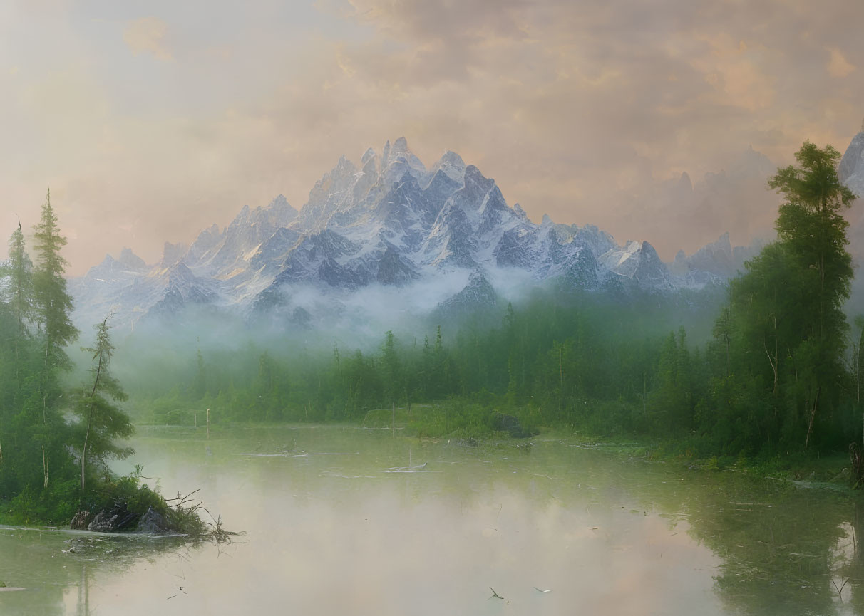 Snow-capped peaks and serene lake in misty alpine sunrise