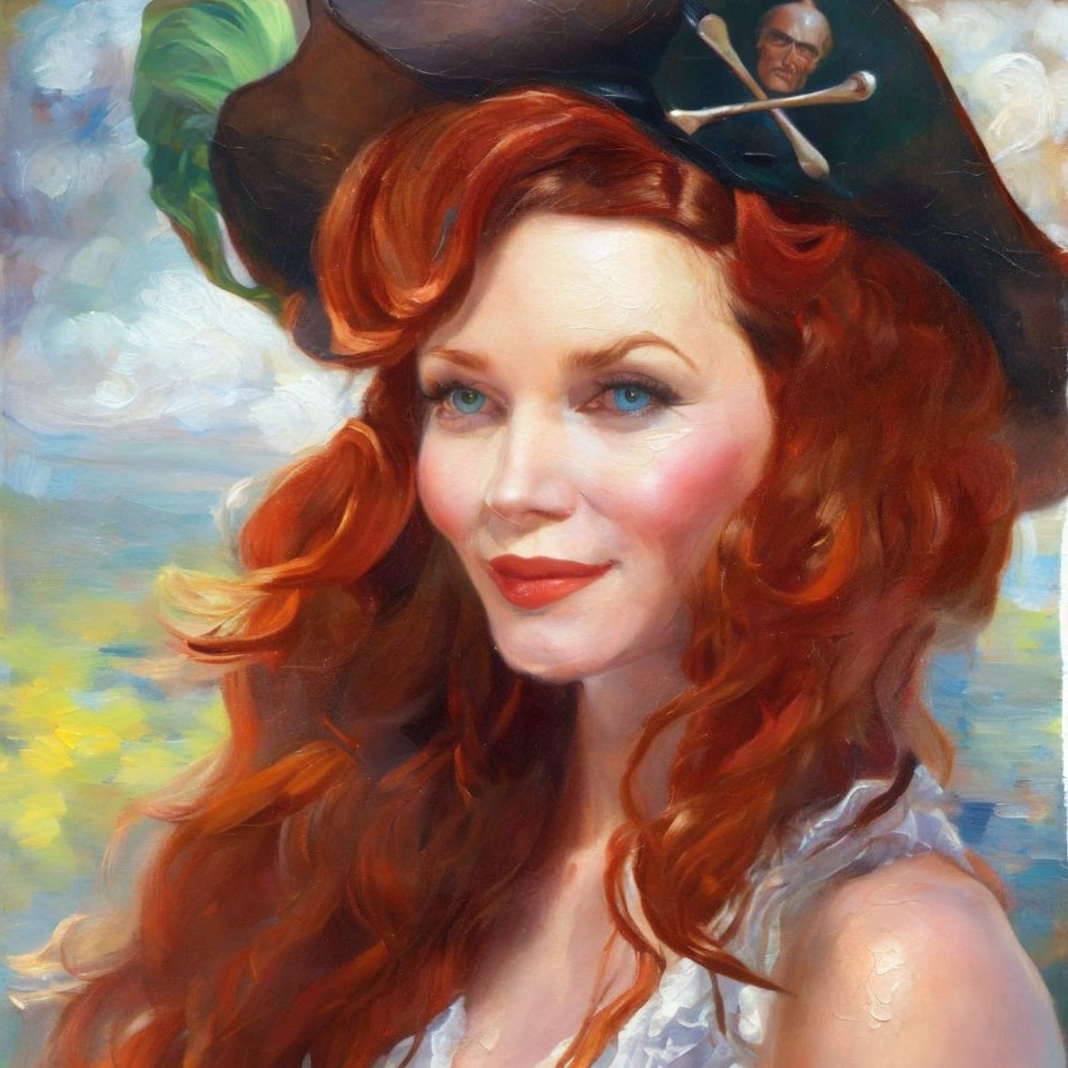 Portrait of smiling woman with red hair and black hat, green eyes.