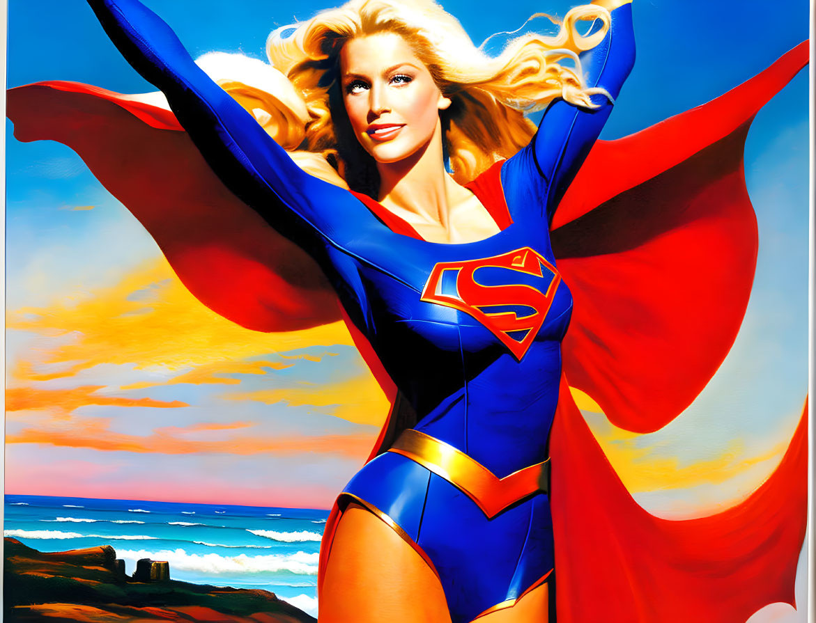 Blonde superheroine in blue and red costume against sunset backdrop