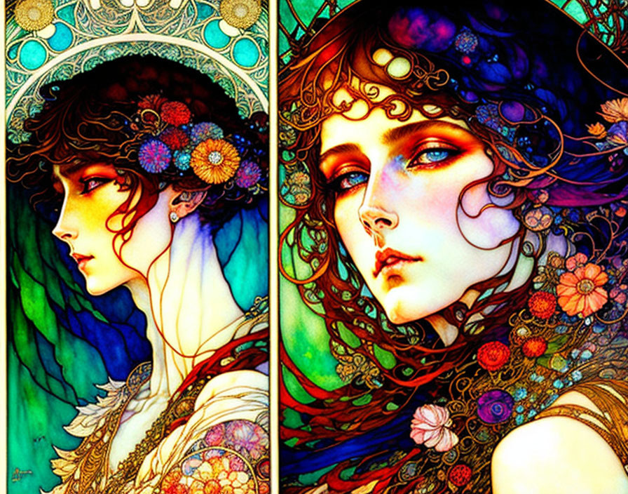 Colorful Artwork: Two Women with Floral Hair Designs on Stained Glass Backgrounds