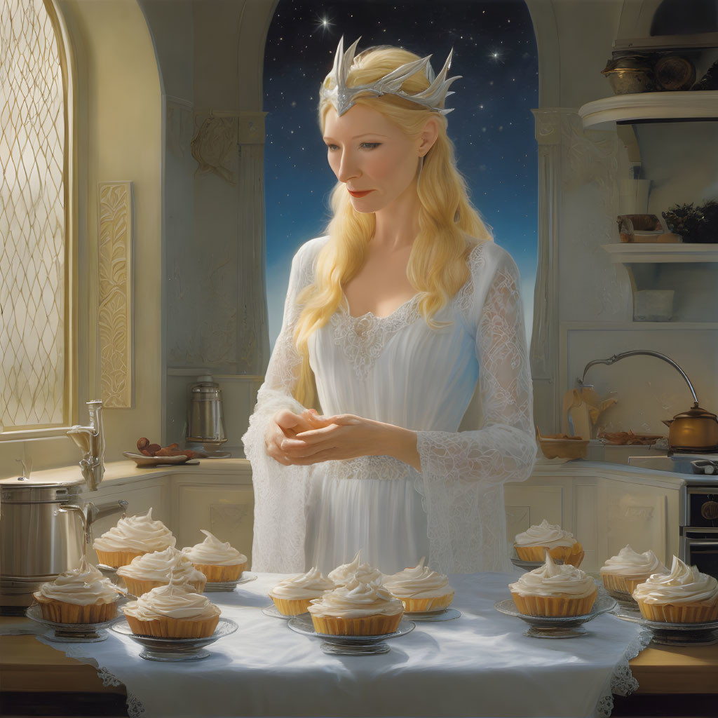 Starry Crowned Woman in Sunny Kitchen with Cupcakes