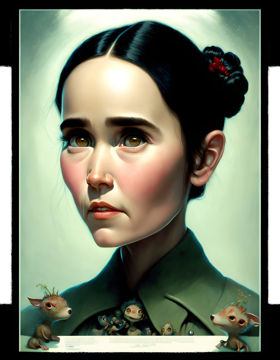 Woman's digital portrait with dark hair, red flowers, intense gaze, green garment, and fantastical