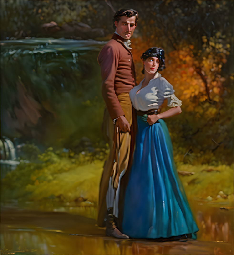 Man and woman in period clothing by forest river with waterfall and autumn foliage