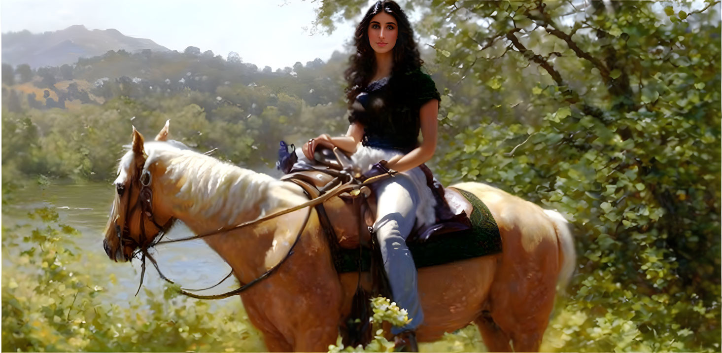 Dark-haired woman on pale horse in forest clearing wearing formal lace outfit